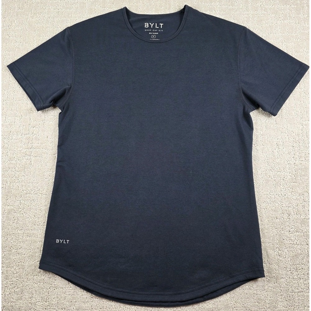 BYLT Premium Basics Shirt Mens‎ Medium Navy Blue Drop Cut S/S Curved Hem Stretch